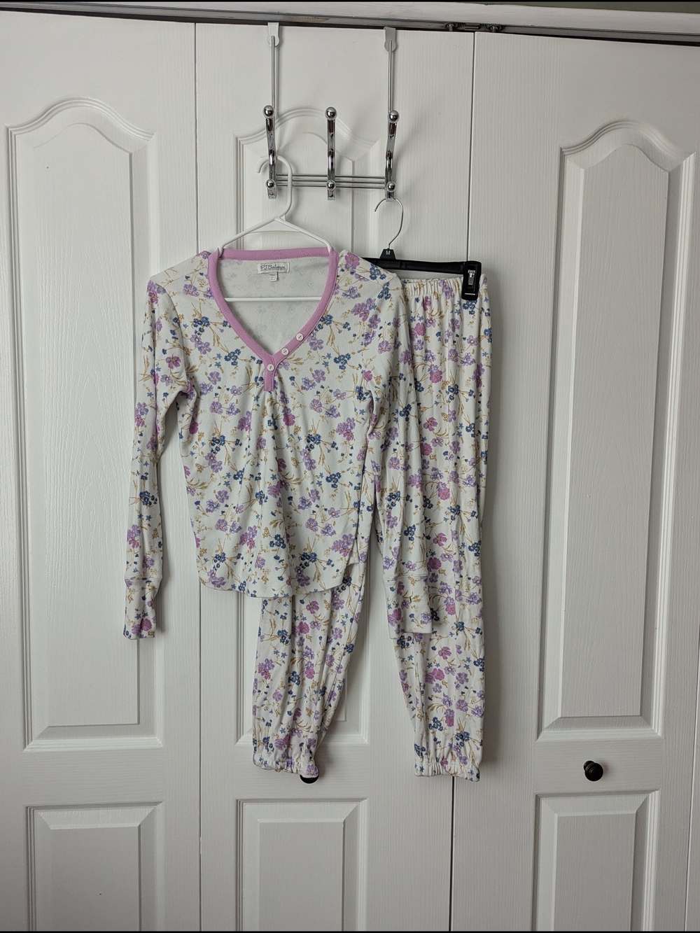 PJ Salvage Cream Floral Long-Sleeve Pajama Set with Pink Trim